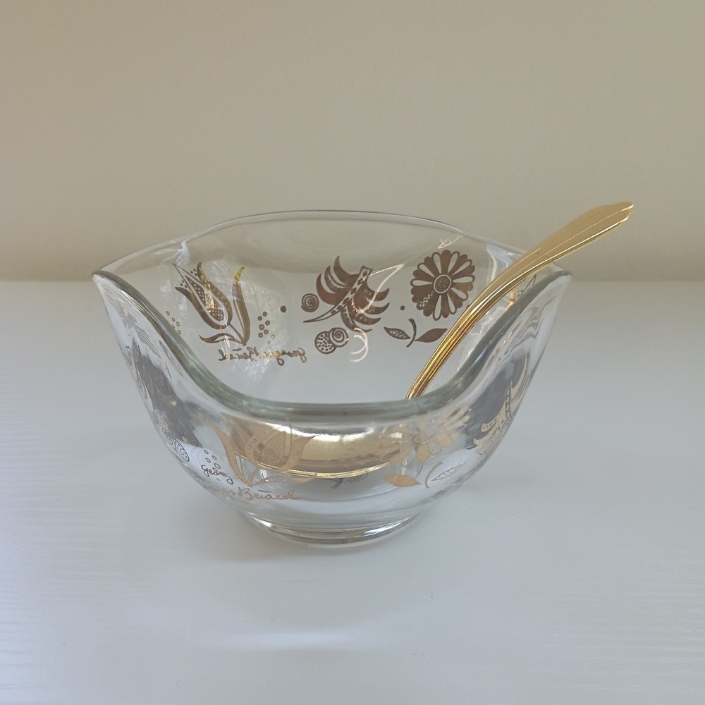MCM Georges Briard Gold Floral Glass Bowl Jacobean Flowers W/ Gold Spoon